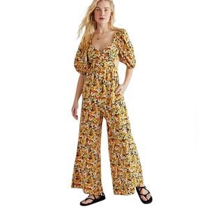 Free People Amy Floral Print Jumpsuit size XS Yellow Black Orange Flowers